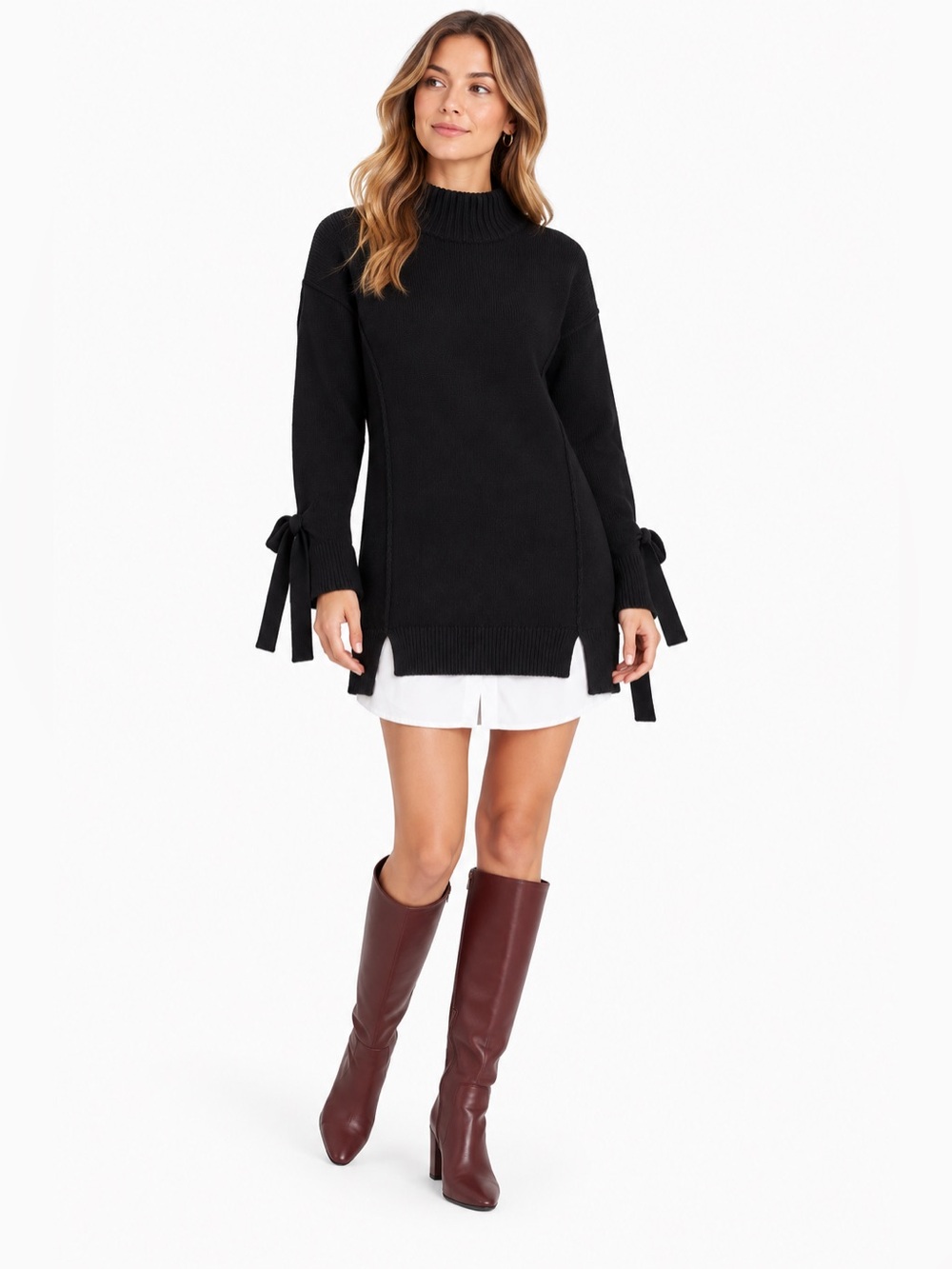 Brochu Walker Tie Looker Mock Neck Layered Sweater Black White Small
